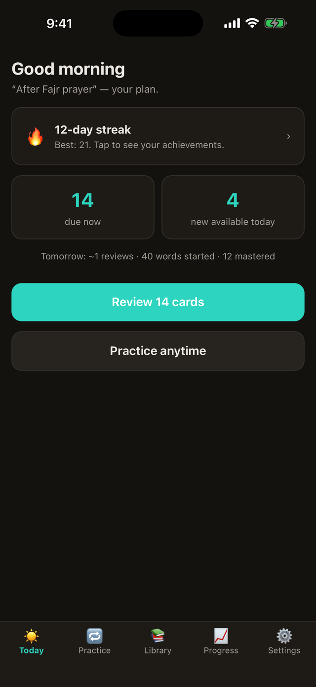 Today screen showing a 12-day streak, 14 cards due and 4 new words available