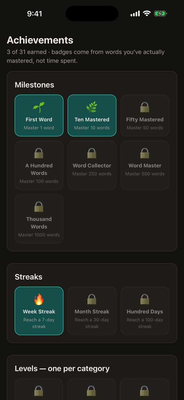 Achievements screen with milestone, streak and level badges